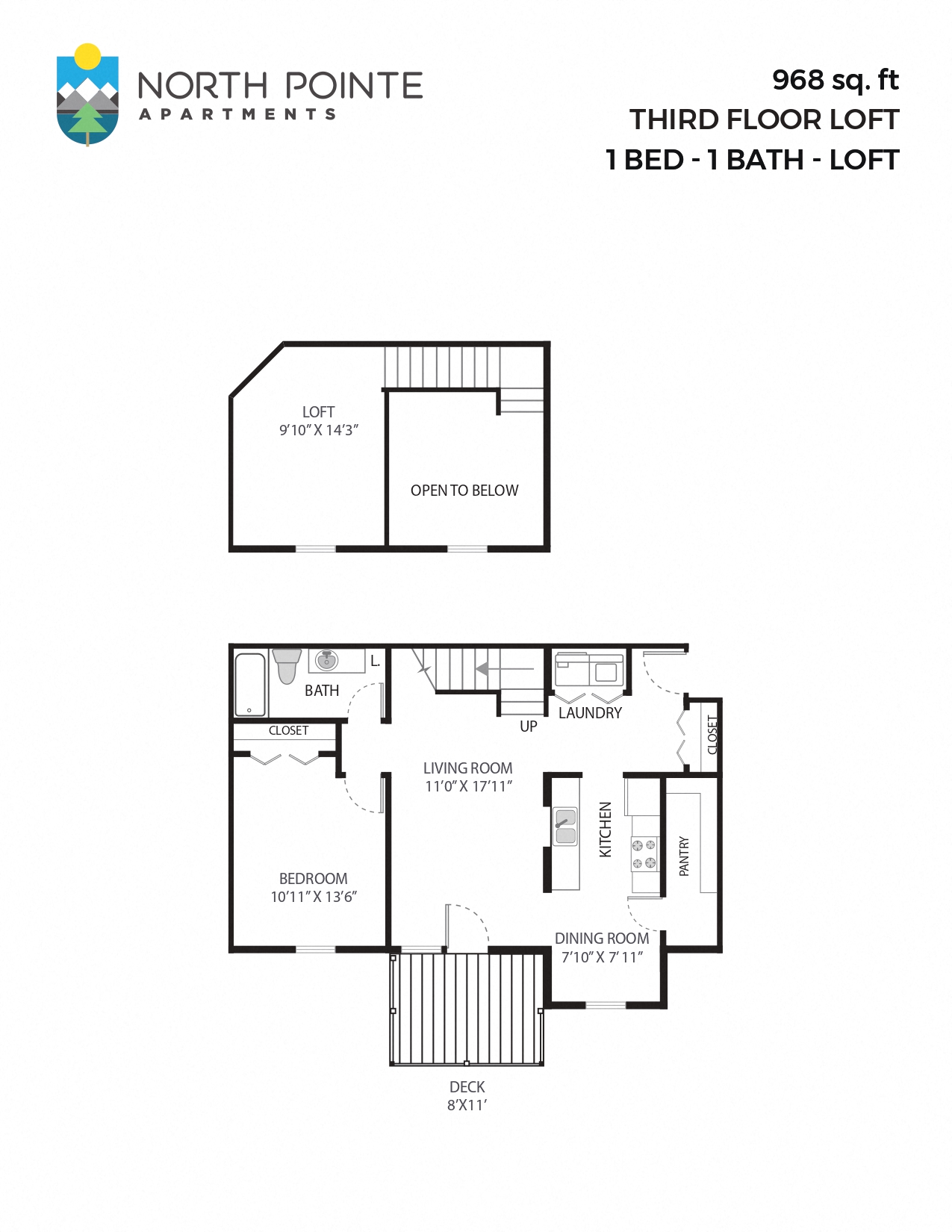 Floor plan for 1 bed, 1 bath, 967 sqft